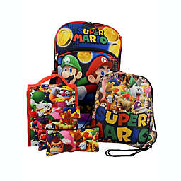 Super Mario Boys Girls 5 piece Backpack Lunch Bag and Snack Bag School Set