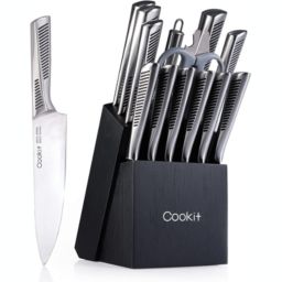 Rainbean  Kitchen Knife Set, 15 Pieces Knife Set with Block Manual Sharpener, Stainless