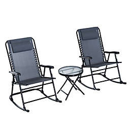 Outsunny 3 Piece Outdoor Rocking Bistro Set, Patio Folding Chair Table Set, Grey