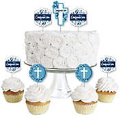 Big Dot of Happiness Confirmation Blue Elegant Cross - Dessert Cupcake Toppers - Boy Religious Party Clear Treat Picks - Set of 24