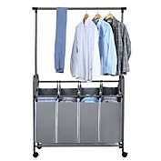Slickblue Grey 4-Bag Laundry Cart Hamper with Hanging Garment Rack Bar