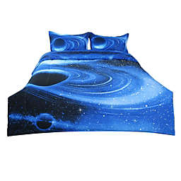 PiccoCasa 3 Pcs 3D Space Themed Quilted Blue White Comforter Sets, With 2 Pillow Shams, Full