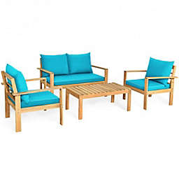Costway 4 Pieces Patio Acacia Wood Thick Cushion Loveseat Sofa Set-Turquoise