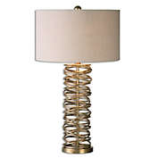 Contemporary Home Living 29.75" Ivory and Gold Metal Ring Table Lamp with Hardback Shade