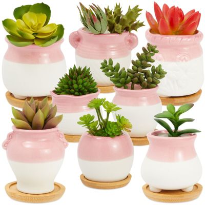 Okuna Outpost Small Ceramic Succulent Pots for Plants with Drainage Holes & Bamboo Trays (2 in, 8 Pack)