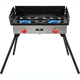 Cast Iron Double-Burner Outdoor Gas Stove   150,000 BTU Portable Propane-Powered Cooktop w/ Compact Foldable Legs, Temperature Control Knobs, Wind Panels, Hose Regulator & Storage Carry Case