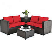Costway 4 Pcs Outdoor Patio Rattan Furniture Set with Cushioned Loveseat and Storage Box-Red