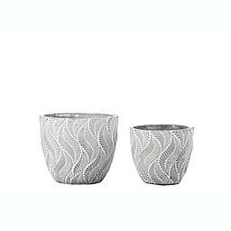 Urban Trends Collection Cement Round Pot with Embossed Geometric Wave Pattern Design Body Set of Two Washed Concrete Finish Gray