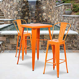 Emma + Oliver Commercial 23.75SQ Orange Metal Indoor-Outdoor Bar Table Set-2 Stools-Backs