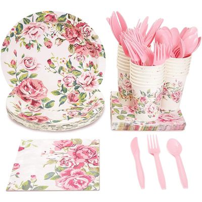 Blue Panda 144 Piece Vintage Floral Tea Party Supplies, Pink Flower Dinnerware Set with Plates, Napkins, Cups, and Cutlery (Serves 24)