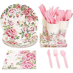 Blue Panda Floral Party Supplies with Paper Plates, Napkins, Cups and Plastic Cutlery (144 Pieces)