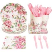 Blue Panda 144 Piece Vintage Floral Tea Party Supplies, Pink Flower Dinnerware Set with Plates, Napkins, Cups, and Cutlery (Serves 24)