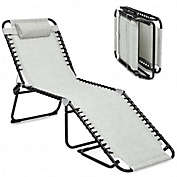 Costway Folding Heightening Design Beach Lounge Chair with Pillow for Patio-Gray