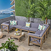 GDFStudio Great Deal Furniture Keith Outdoor Acacia Wood 8 Seater U-Shaped Sectional Sofa Set with Coffee Table