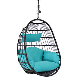 Hanging Egg Swing Chair Resin Patio Basket Wicker Frame Teal Cushion Pillow