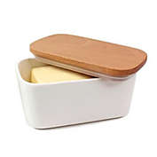 White Ceramic Butter Dish with Wooden Lid