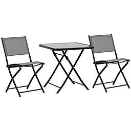 Outsunny 3 Pcs Garden Bistro Sets, Outdoor Folding Furniture Set with Glass Table Top, 2 Folding Chairs, Steel Frame, Mesh Fabric, Grey