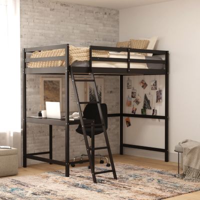 Flash Furniture Riley Loft Bed Frame with Desk, Twin Size Wooden Bed Frame with Protective Guard Rails & Ladder for Kids and Teens - Espresso
