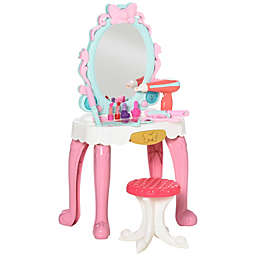 Qaba 20 PCS Kids Vanity Dressing Table Play Set, Musical Beauty Kit Pretend Toy, w/ Mirror, Lights, Make Up Desk, Stool, for 3-4 Years Old