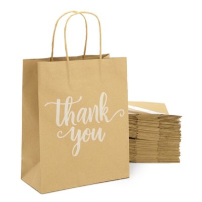 Sparkle and Bash 50 Pack Medium Brown Thank You Bags with Handles for Boutique, Small Business (10 x 8 x 4 In)