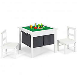 Costway 2-in-1 Kids Activity Table and 2 Chairs Set with Storage Building Block Table-White
