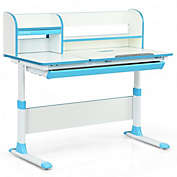 Costway Adjustable Height Study Desk with Drawer and Tilted Desktop for School and Home-Blue
