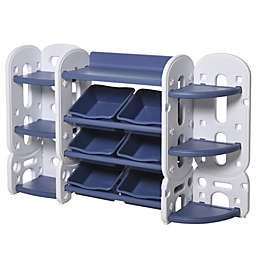 Qaba Kids Toy Storage Organizer Book Shelf with 3 Separate Shelving Sections, 7 Shelves, & 6 Removeable Bins, Blue