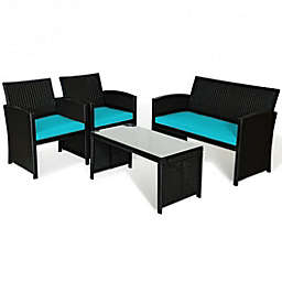 Costway 4 Pcs Wicker Conversation Furniture Set Patio Sofa and Table Set-Turquoise