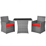 Costway 3 Pieces Patio Rattan Furniture Set with Cushioned Armrest Sofa-Red