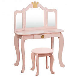 Costway Kids Makeup Dressing Table with Tri-folding Mirror and Stool-Pink