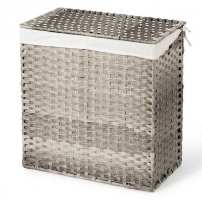 Costway Laundry Hamper Hand-Woven Synthetic Rattan Laundry Basket-Gray