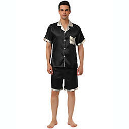 Lars Amadeus Men's Satin Short Sleeve Contrast Button Down Nightwear Sets, M Black
