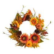 Nearly Natural 24"D Fall Sunflower, Pumpkin, Gourds, Pinecone and Berries Autumn Artificial Decorative Wreath
