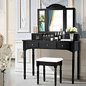 Slickblue Makeup Dressing Table with Tri-Folding Mirror and Cushioned Stool for Women-Black