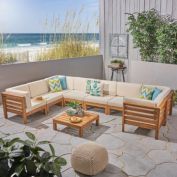GDFStudio Dawson Outdoor U-Shaped Sectional Sofa Set with Coffee Table - 9-Piece 8-Seater - Acacia Wood - Outdoor Cushions