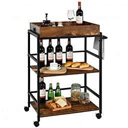 Costway 3-Tier Kitchen Serving Bar Cart with Lockable Casters and Handle Rack for Home Pub-Rustic Brown