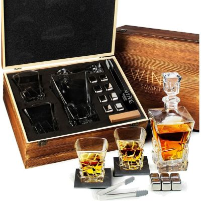 Luxury Whiskey Decanter and Glasses Set - Whiskey Decanter, 2 Iceberg Whiskey Glasses, 2 Coasters, 8 Stainless Steel Whisky Rocks Chillers, Tongs & Freezer Pouch Gift Box