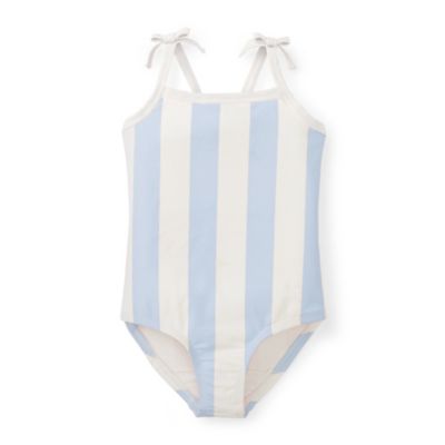 Hope & Henry Girls&#39; One-Piece Cross Back Swimsuit with Bow Shoulders, Classic Blue Vertical Stripe, 3