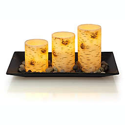 Birch Bark Candlescape Set, 3 Led Flickering Flameless Wax Candles, Decorative Tray