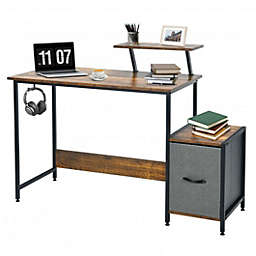 Costway Computer Desk with Reversible Storage Drawer and Moveable Shelf-Brown