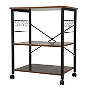 Fx070 Simple Wood Kitchen Cart with 3-Tier Storage Space, Movable Microwave Stand