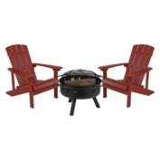 Flash Furniture 3 Piece Charlestown Red Poly Resin Wood Adirondack Chair Set with Fire Pit - Star and Moon Fire Pit with Mesh Cover