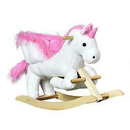 Qaba Kids Rocking Horse, Wooden Plush Ride-On Unicorn Chair Toy with Lullby Song for 18-36 months children