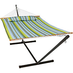 Sunnydaze 2 Person Quilted Spreader Bar Hammock with Stand - Blue & Green