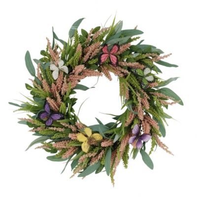 CC Christmas Decor 24" Vibrant Puleo International Artificial Salix Leaf with Butterfly Floral Spring Wreath
