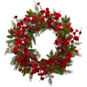 Nearly Natural Plum Blossom Artificial Pine Wreath, Red 24-Inch, Unlit