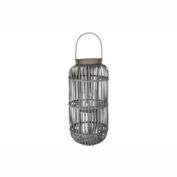 Urban Trends Collection Wood Tall Round Lantern with Top Handle Lattice Design Body, Candle Glass Holder and Tapered Bottom LG Weathered Finish Gray