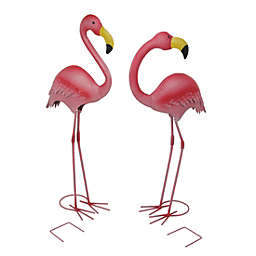 Gerson Pair of Tall Decorative Metal Pink Flamingo Yard Statues With Anchors 18, 20 Inches