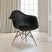Emma + Oliver Black Plastic Chair with Arms and Wooden Legs