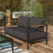 Flash Furniture Lea Indoor/Outdoor Patio Loveseat with Cushions - Modern Aluminum Framed Loveseat with Teak Accent Arms, Black-Charcoal Cushions